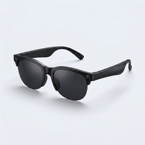 Black smart camera glasses with a camera in each front corner