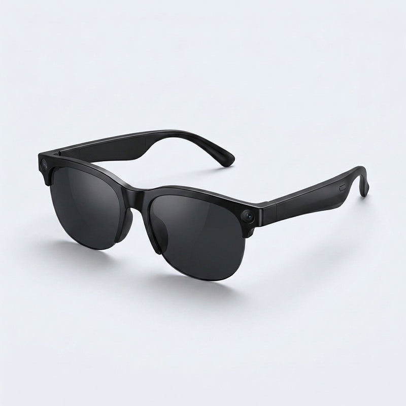 Black smart camera glasses with a camera in each front corner