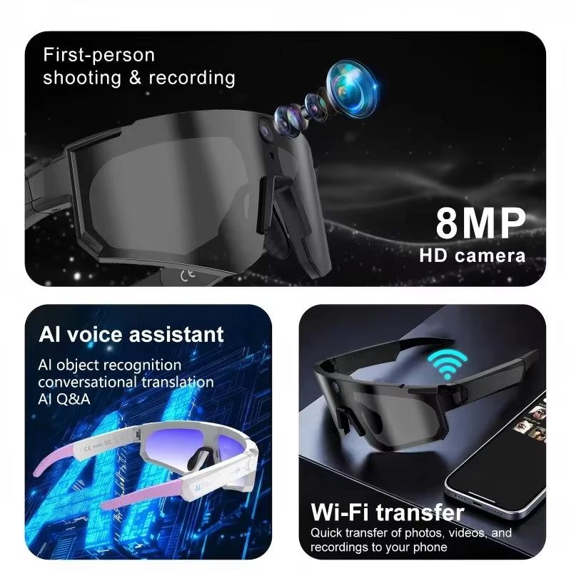 2026 New Chatgpt AI Smart Glasses 2400W 1080P anti Shake Video Sport Cycling Sunglasses Dual Mic 32GB Windproof