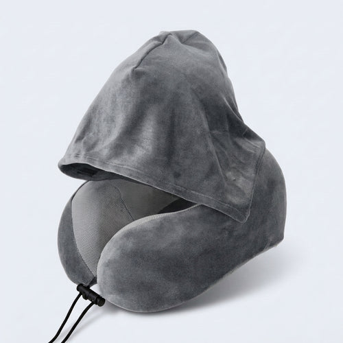 Grey hooded memory foam travel pillow