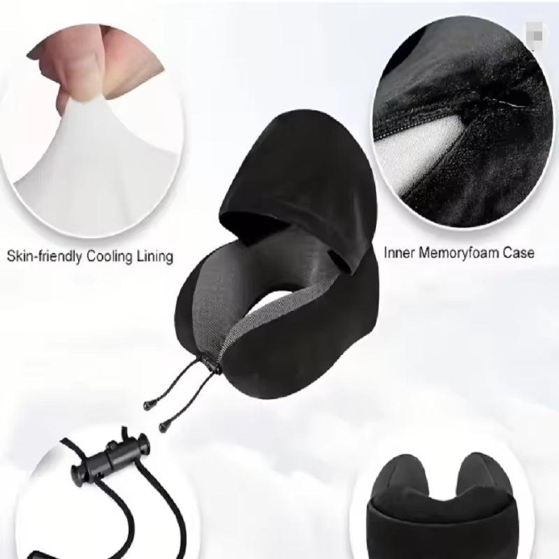 Hooded Memory Foam Travel Neck Pillow, Soft Milk Velvet U-Shaped Neck Support Cushion with Storage Bag for Airplane Car Trip