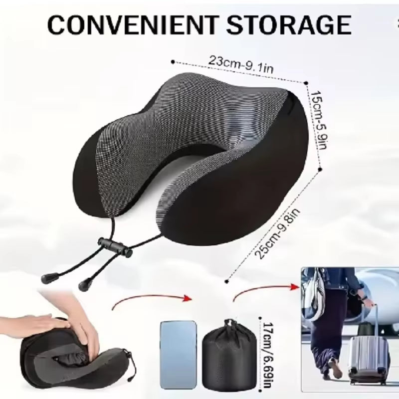 Hooded Memory Foam Travel Neck Pillow, Soft Milk Velvet U-Shaped Neck Support Cushion with Storage Bag for Airplane Car Trip