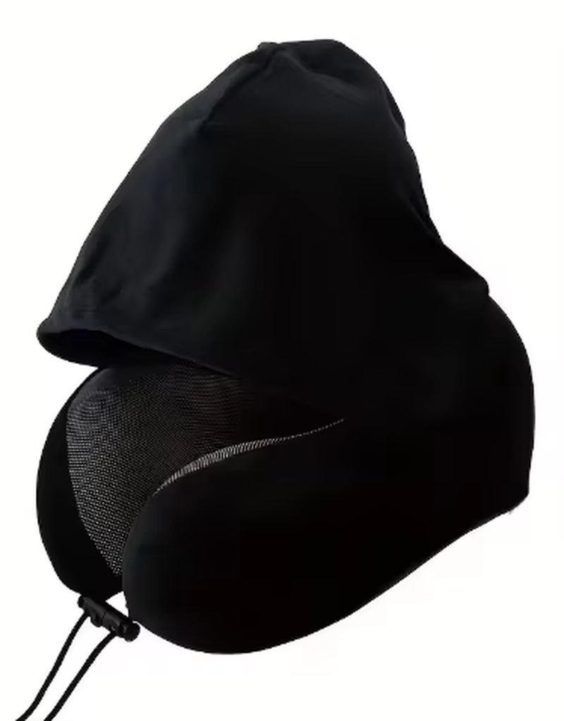 Hooded Memory Foam Travel Neck Pillow, Soft Milk Velvet U-Shaped Neck Support Cushion with Storage Bag for Airplane Car Trip