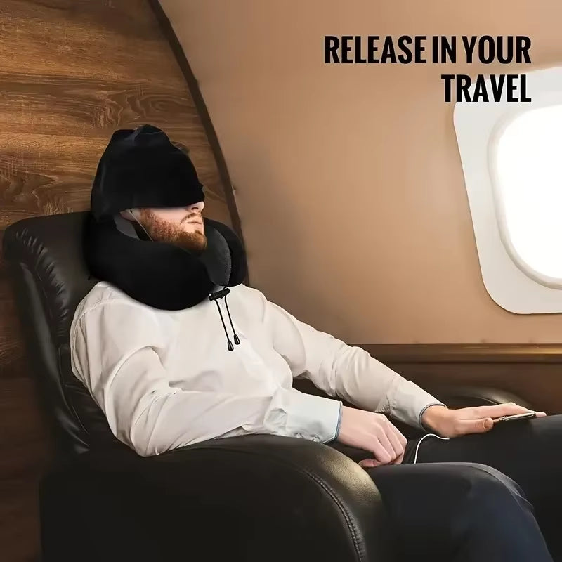 Hooded Memory Foam Travel Neck Pillow, Soft Milk Velvet U-Shaped Neck Support Cushion with Storage Bag for Airplane Car Trip