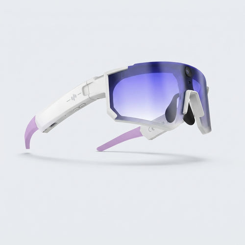 Sport smart glasses in white and purple, studio view