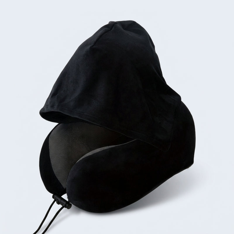 Black hooded memory foam travel pillow